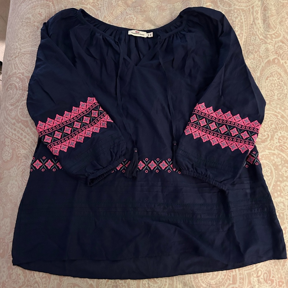 Vineyard Vines Embroidered Navy Blue Peasant Blouse Size Medium